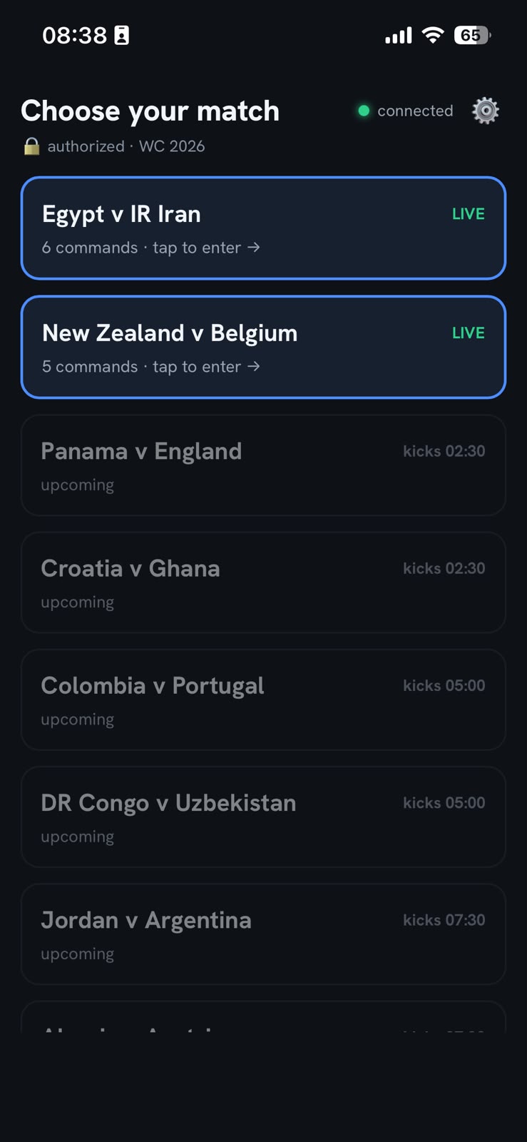 The kit PWA — choosing a live match from the board