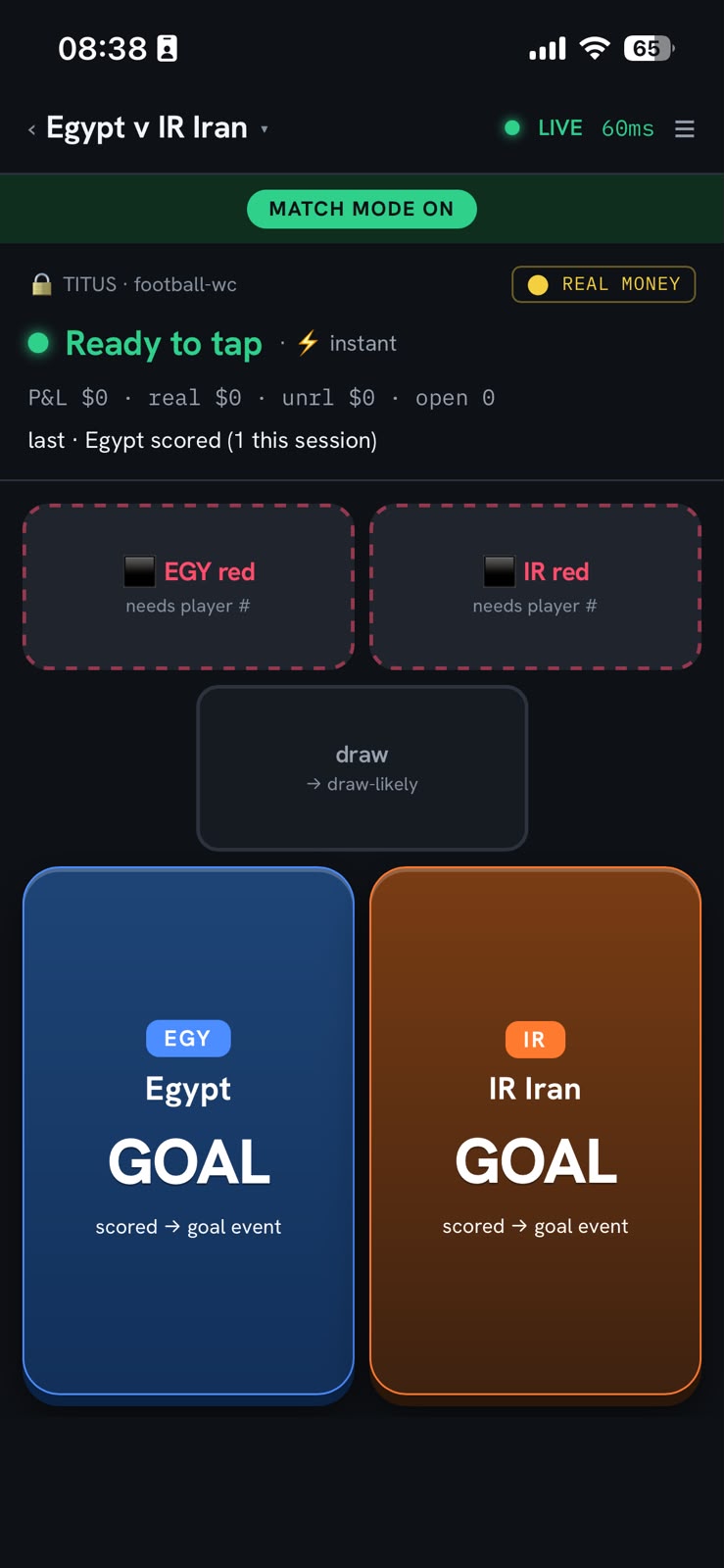 The kit PWA — match mode on, goal tap armed and ready