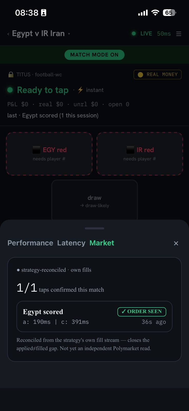The kit PWA — signal fired, fill confirmed (1/1 taps, order seen)